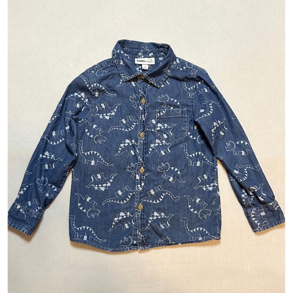 Kids Headquarters Boys Dinosaur Print Denim Button Down Shirt Size 5 Blue Cotton